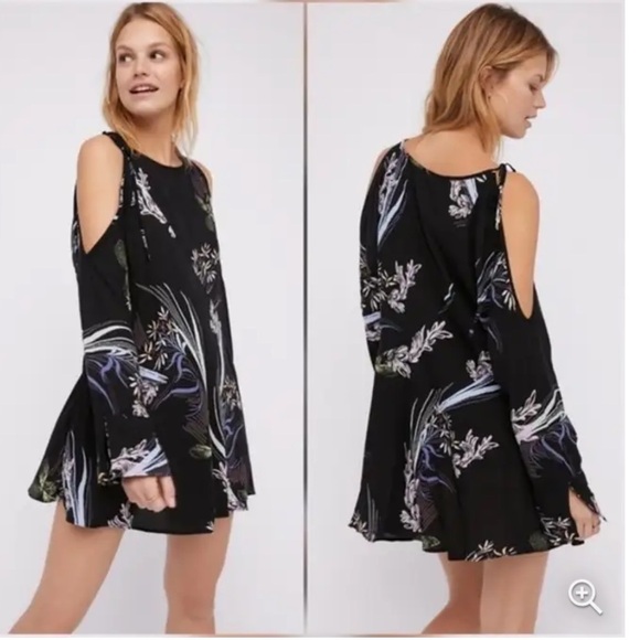 Free People Clear Skies Are Blue Floral Printed Tunic Cold Shoulder Dress Sz M - Picture 2 of 13